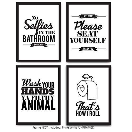 Designs by Maria Inc. Funny Bathroom Decor Typography Prints (Unframed) Wall Art & Pictures | Great Gift Set of 4 Quotes, Signs & Rules (8x10)