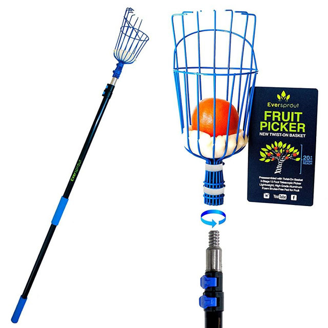EVERSPROUT 13-Foot Fruit Picker (20+ Foot Reach) | Preassembled, Easy to Attach Twist-On Basket | Lightweight, High-Grade Aluminum Extension Pole | +Bonus Fruit Carrying Bag