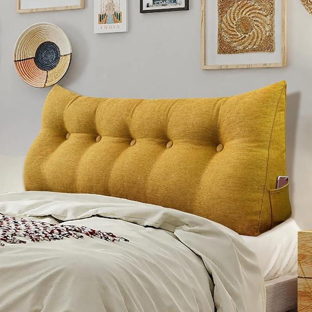 WOWMAX Multifunctional Upholstered Headboard Pillow King, Button Tufted Headboard Pillows, Triangular Dorm Room Fabric Head Board Removable and Washable Yellow
