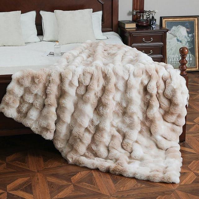 RYNGHIPY Faux Rabbit Fur Bed Throws Fluffy Warm Throw Blanket for Sofa Couch Soft Plush Decorative Blanket Thick and Heavy Cute Bubble Furry Blanket (Light Tan, 51''x63'')
