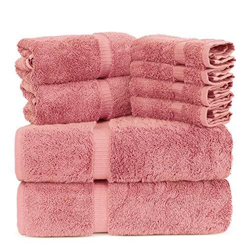 Towel Bazaar Luxury Hotel and Spa Quality Dobby Border 100% Turkish Cotton Eco-Friendly and Highly Absorbent Towel Set (Set of 8, Pink)