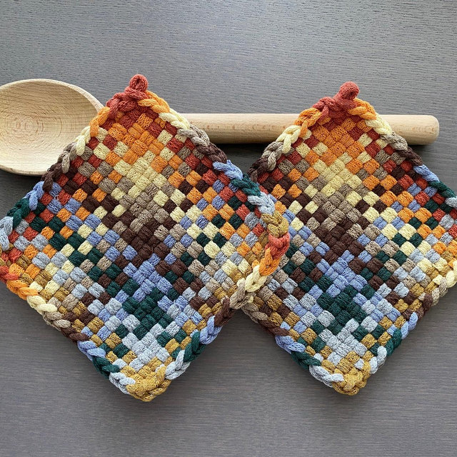 Handmade Loomed Potholder Set of 2– Artisan Gift – Rustic Country Folk Colorful Kitchen Décor –Thick Cotton Oven Mitts, Trivet, Hot Pads