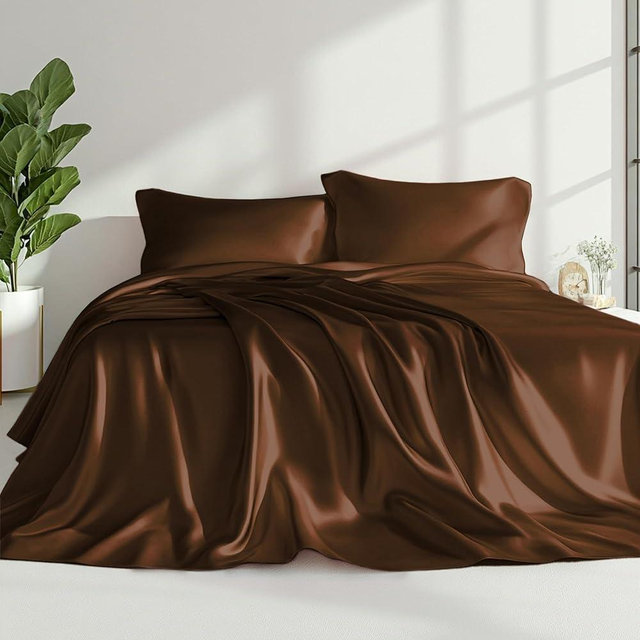 Love's cabin Satin Queen Sheets Set - 4 Piece Brown Silky Satin Bed Sheets Queen Set with Deep Pocket, Luxury Silk Feel Satin Queen Size Sheet Set (1 Flat Sheet,1 Fitted Sheet,2 Pillow Cases)