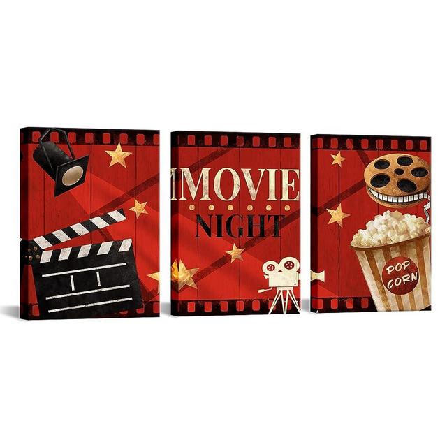 Apicoture Home Theater Wall Decor Movie Night Sign Canvas Wall Art Prints Movie Film Reels Popcorn Lamplight Painting Prints Media Room Home Cinema Wall Framed 12"x16"x3 Pieces