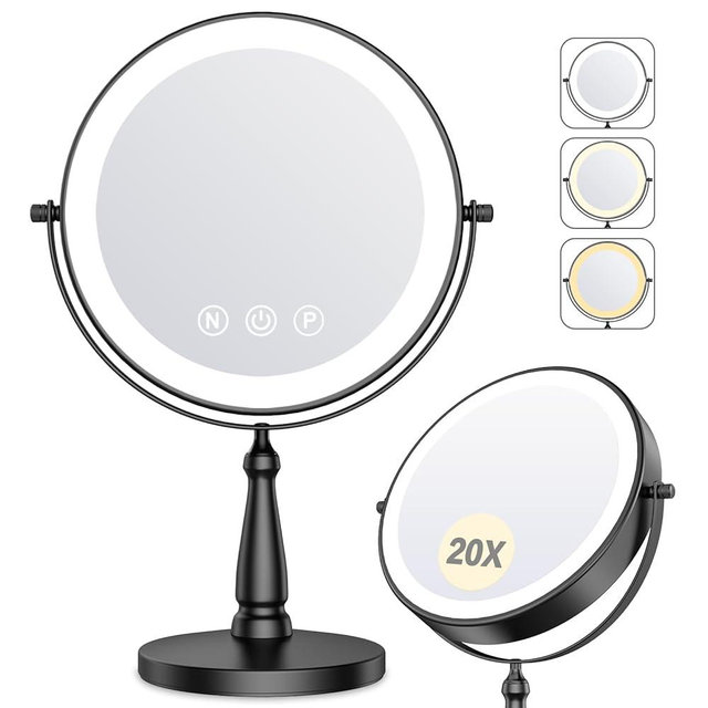 Makeup Mirror with Lights, 20X Magnifying Mirror with Light and 3 Colors, 9" Vanity Mirror with Lights and Adjustable Brightness, 2-Sided Tabletop Mirrors with 360° Rotation, Black Desk Mirrors