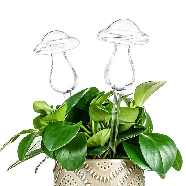 Kingbuy Self Watering Globes Plant Waterer Device Mushroom Shape Hand Blown Clear Glass Aqua Bulb for Indoor or Outdoor Plants, 2 Pack