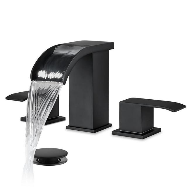 gotonovo Waterfall 8 inch Widespread Bathroom Faucet Set Bathroom Sink Faucet 3 Hole 2 Handle Vanity Lavatory Deck Mount with Pop Up Drain and Water Supply Lines Square Body Matte Black