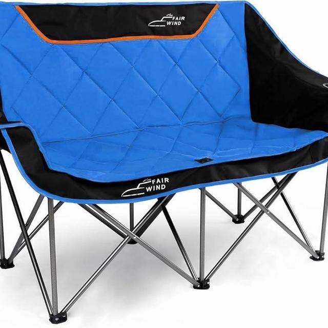 FAIR WIND Oversized Fully Padded Camping Chair Folding Loveseat Camping Couch Double Duo Chair Heavy Duty Quad Fold Chair Arm Chair with Cup hold - Supports 650 LBS Blue