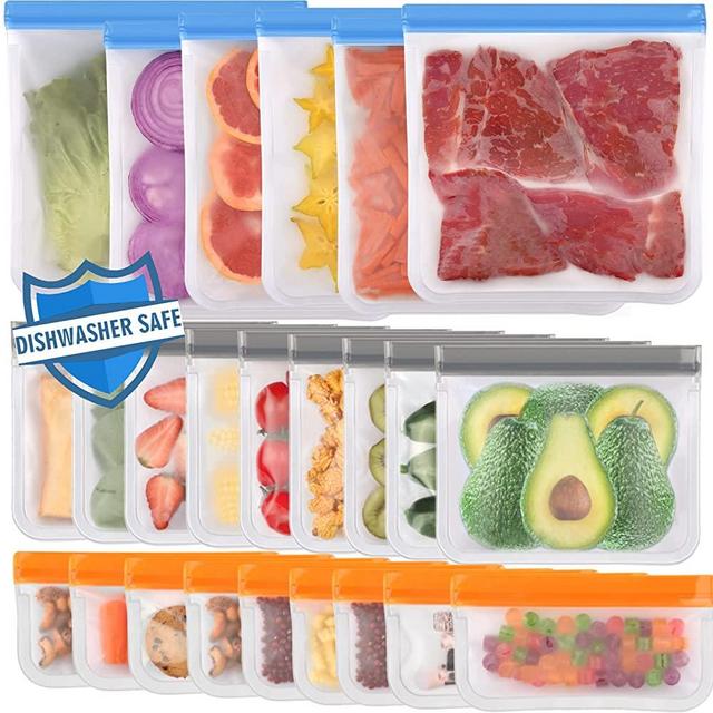 24 Pack Dishwasher Safe Reusable Ziplock Bags Silicone, Extra Thick Leakproof Reusable Freezer Bags, BPA Free Reusable Food Storage Bags for Lunch Meat Veggies (6 Gallon 9 Snack 9 Sandwich Bags)