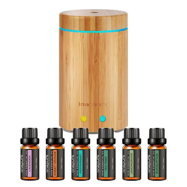InnoGear Latest Real Bamboo Essential Oil Diffuser Bundle- Ultrasonic Aroma Aromatherapy Diffusers Cool Mist Humidifier withWaterless Auto Off 7 Color LED Light