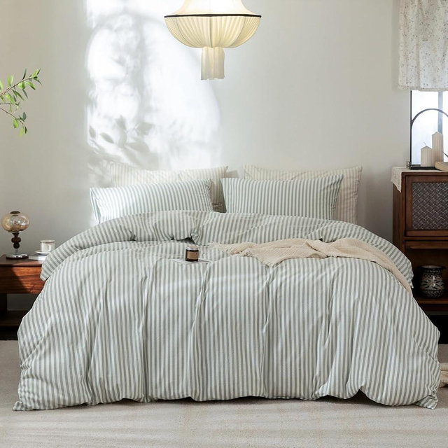 FOSSA Striped Duvet Cover Set 100% Washed Cotton Linen Feel Super Soft Breathable Cozy 3 Pieces Bedding Sets Sage Green Classic Stripes King