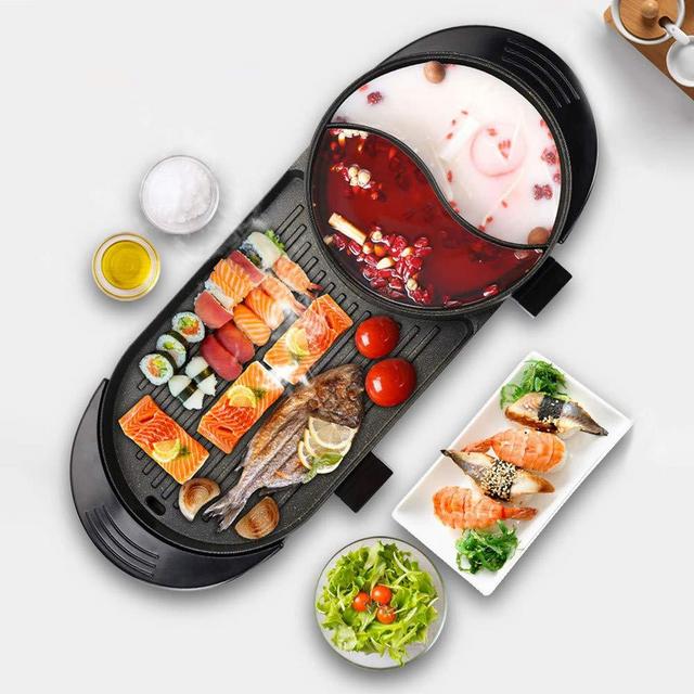 Uttiny Portable Electric Grill, 2000W Electric Indoor and Ourdoor Shabu Shabu Hot Pot with Barbecue Medical Stone Non-Stick Pan for 2-12 People Gatherings (2000W)