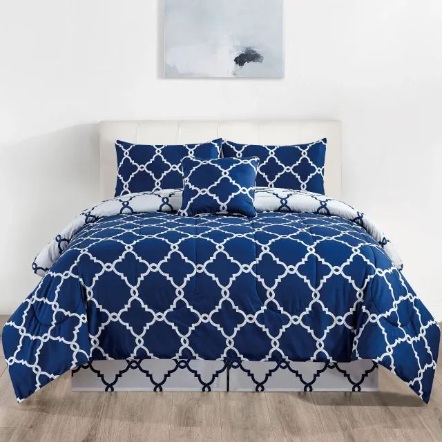 5 Piece Down Alternative Printed Comforters Ultra Soft, Machine Washable Microfiber Bedding Set for Bedroom - King, Quatrefoil Navy