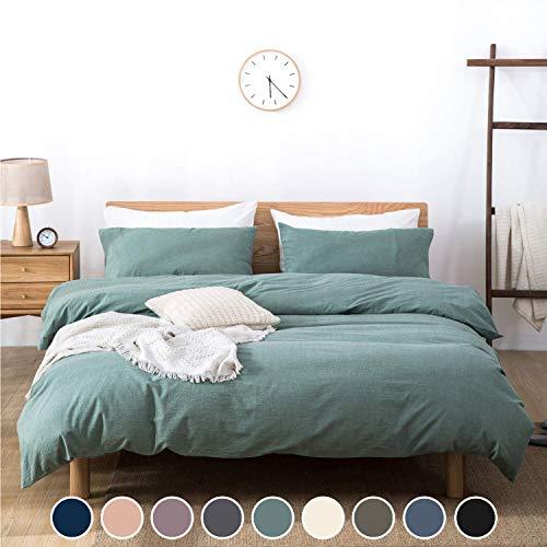 Utridevn 3 Pieces Washed Cotton Duvet Cover Set,100% Natural Cotton Bedding,Vintage Style with Zipper Closure,Soft and Comfy(King,Green)