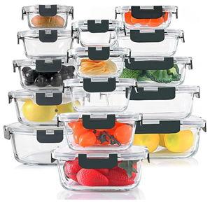KOMUEE 30 Pieces Glass Food Storage Containers Set, Glass Meal Prep Containers Set with Snap Locking Lids, Airtight lunch Containers for Microwave, Oven, Freezer & Dishwasher,Gray