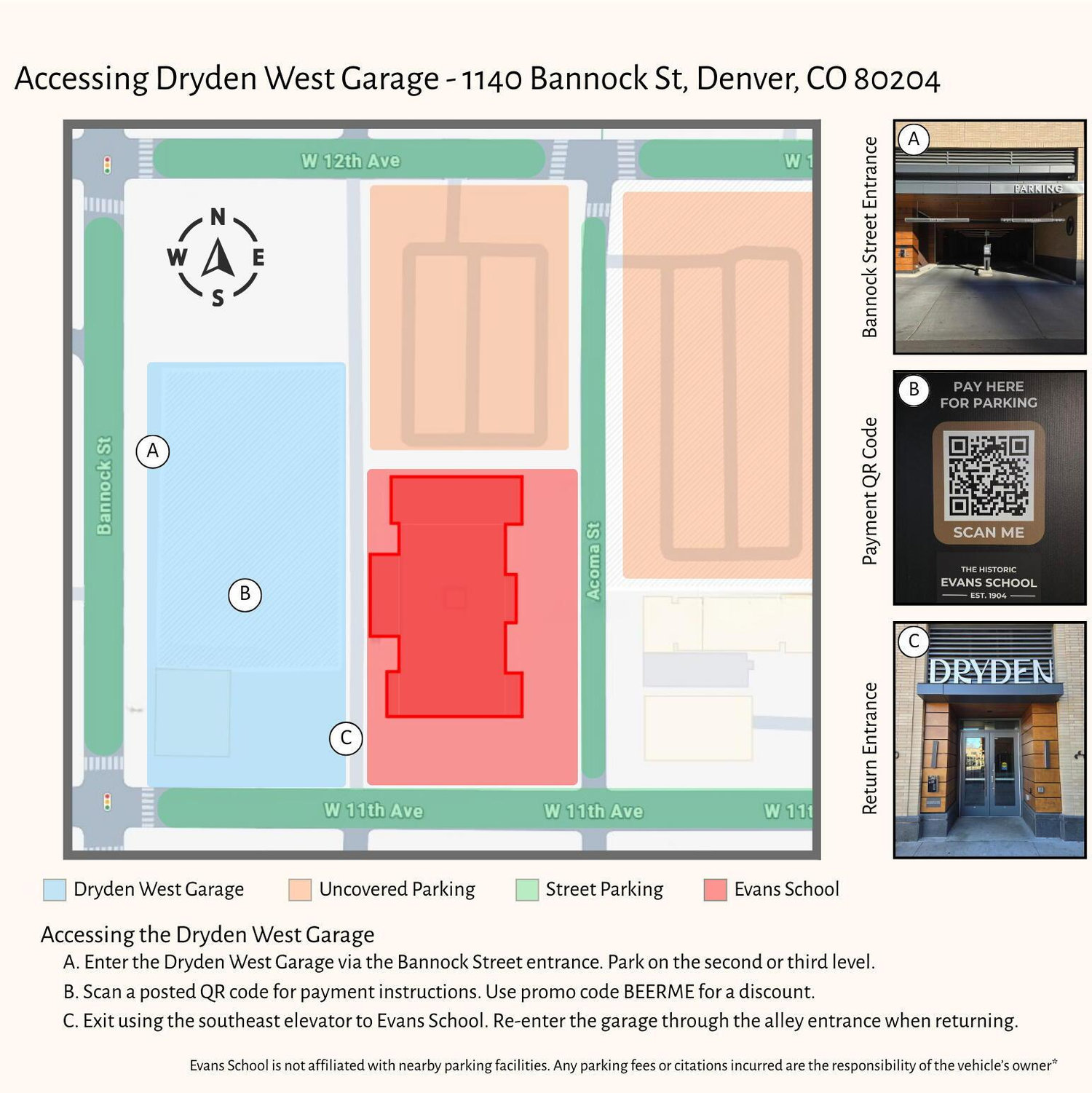 Instructions for parking in the Dryden West lot including a code for discounted parking.