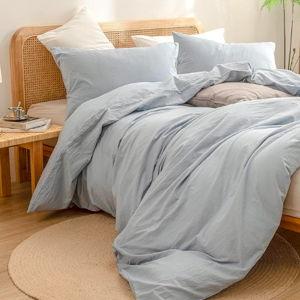 BESTOUCH Duvet Cover Set 100% Washed Cotton Linen Feel Super Soft Comfortable Chic Lightweight 3 PCs Home Bedding Set Solid Cornflower Blue Full/Double