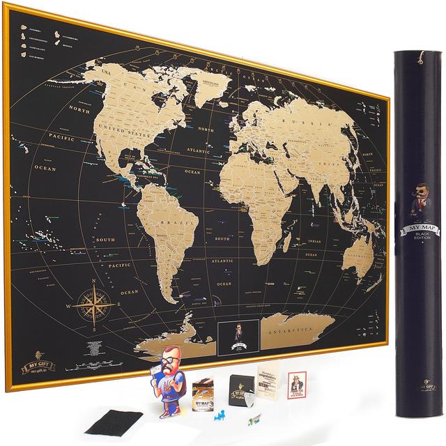 MyMap Gold Scratch off World Map Wall Poster with US States, 35x25 Inches, Includes Pins, Buttons and Scratcher, Glossy Finish, Black with Vibrant Colors