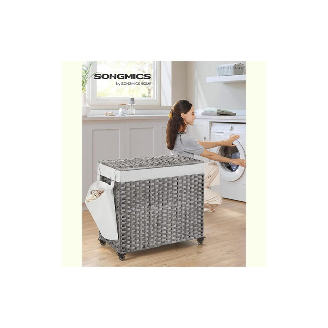 SONGMICS 160L Laundry Hamper with Lid Rolling Laundry Basket with Wheels 3-Section Synthetic Rattan Laundry Hamper Gray