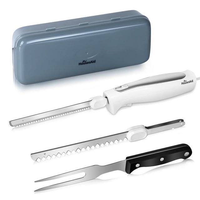 HousesAid Electric Knife,Electric Carving Knife Set with Two Serrated Stainless Steel Blades,Carving Fork,with Non Slip Handle,Safety Lock and Storage Case for Meat,Bread Fish,Other and Foods.