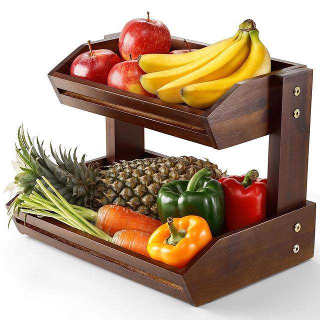 HOLANA Acacia Wood Fruit Basket - 2-Tier Fruit Bowl Wooden for Kitchen Counter, Extra Large 14x10x10.7 in, Fruteros Para Cocina Booth Display, Fruit and Vegetable Storage Stand Holder (Walnut)