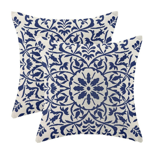 Navy Blue Boho Pillow Covers 18x18 Set of 2, Bohemian Ethnic Carpet Pattern Design Decorative Throw Pillows Linen Blue Print Farmhouse Cushion Pillow Covers for Sofa Couch Outdoor Decor