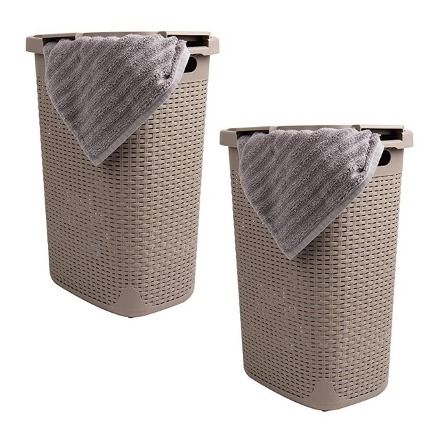 Mind Reader Basket Collection, Slim Laundry Hamper, 60 Liter (15g/33lbs) Capacity, Cut Out Handles, Attached Hinged Lid, Ventilated, Set of 2, Tan