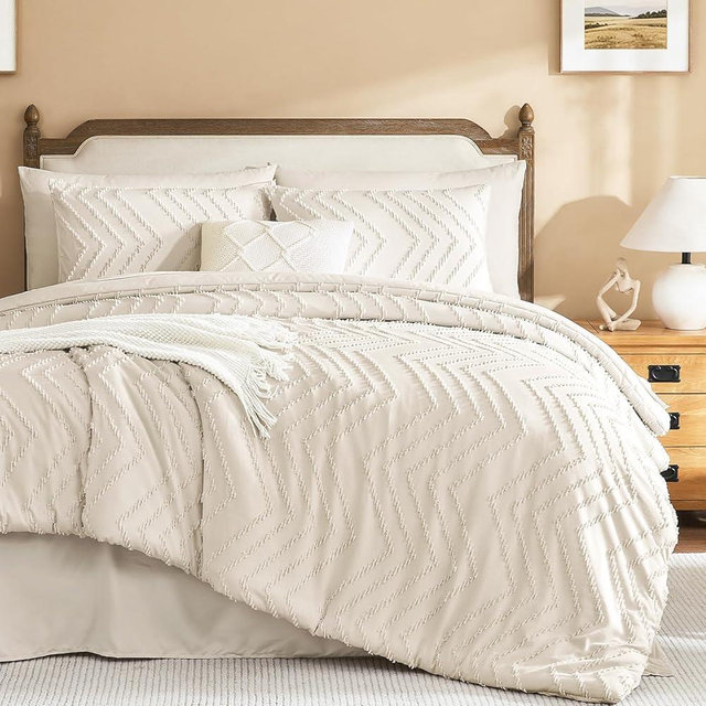Litanika Oversized King Size Comforter Set with Sheets Beige - 7 Pieces Bed in a Bag Oversized King Boho Tufted Complete Bedding Sets with Comforter, Sheets, Pillowcases & Shams