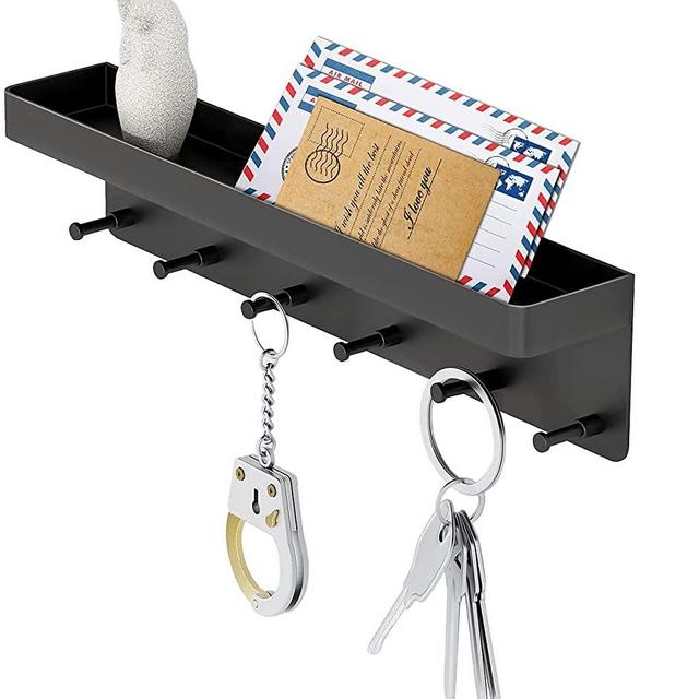 MKO Key Holder for Wall Decorative - Mail Organizer and Key Rack with Tray for Hallway Kitchen Office Farmhouse Decor,Stainless Steel Key Hooks Mail Holder Wall Mounted - 6 Hooks (Black)