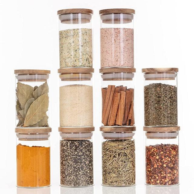 Bloomondo Empty Spice Jars with Label Pack (10x Acacia Bamboo Lid Glass Jar). Small 6oz Spice Storage Bottles with 112 Printed Spice Labels Stickers and 48 Writable Pantry Labels for Seasoning Containers