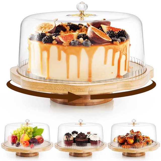 Pumtus Rotating Cake Stand with Lid, 11'' Round Bamboo Cake Holder, Spinning Cake Turntable with Acrylic Dome, Revolving Pastry Cheese Pie Serving Platter, Dessert Display Tray for Birthday Wedding
