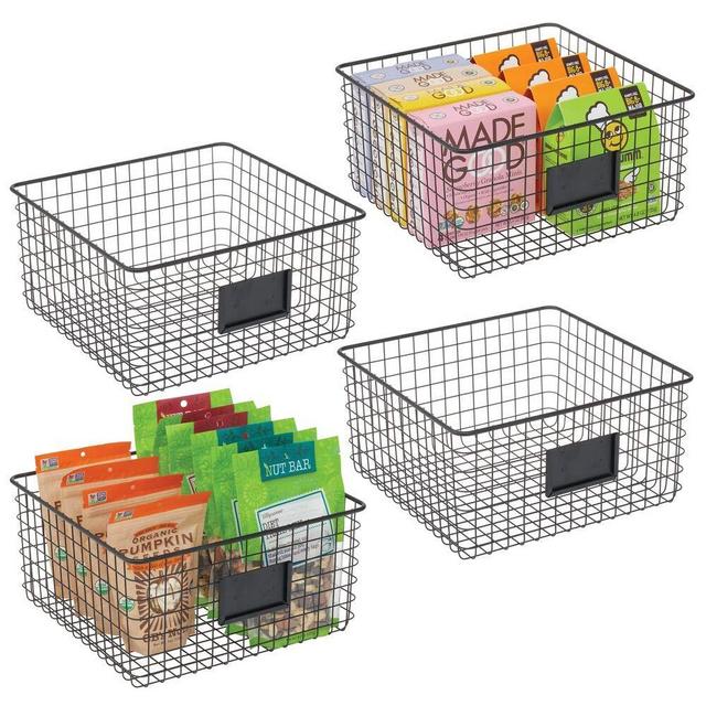 mDesign Farmhouse Decor Metal Wire Food Organizer Storage Bin Baskets with Label Slot for Kitchen Cabinets, Pantry, Bathroom, Laundry Room, Closets, Garage - 4 Pack - Matte Black