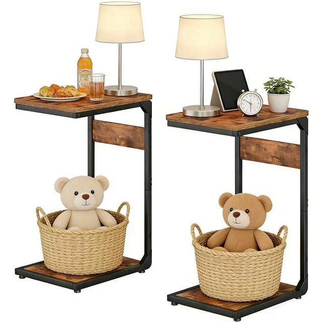 Wood Pedestal TV Trays for Eating on Couch End Tables Set of 2 C Shaped Side Table Night Stand Drink Coffee Food Tray Tables Under Sofa Stands Nightstand Over Chair Bed Bedroom Bedside Brown ET-YB-BR2