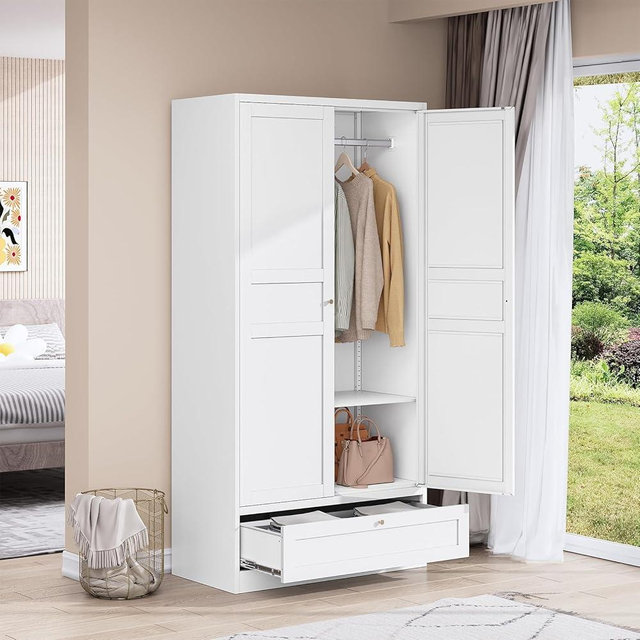LISSIMO Metal Wardrobe Closet Cabinet,White Armoire Wardrobe Closets Storage Cabinets with Drawer,Metal Storage Cabinet with Doors and Shelves for Laundry Room,Bedroom,Home Office,Bathroom