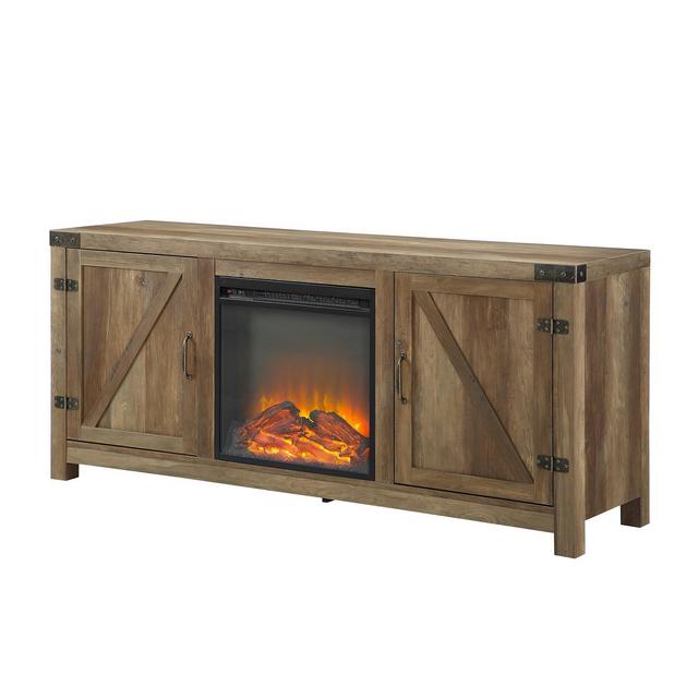 58" Modern Rustic Barn Door TV Storage Console with Electric Fireplace Rustic Oak - Saracina Home