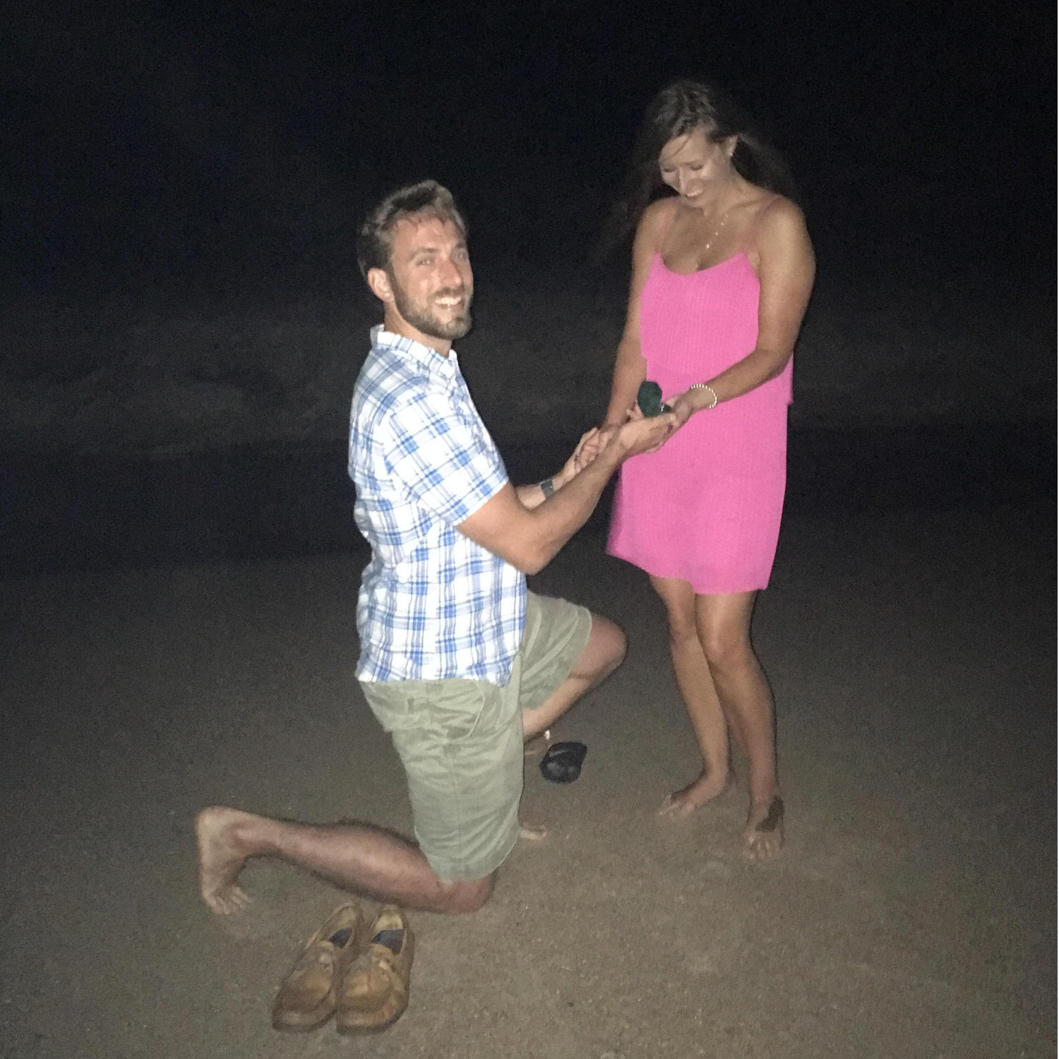 Topsail Beach, Saturday 8th September. After a wonderful meal at Ocean's Edge, we went for walk along the beach, where Toby proposed and thankfully Kristie said yes!! Zach was the photographer.