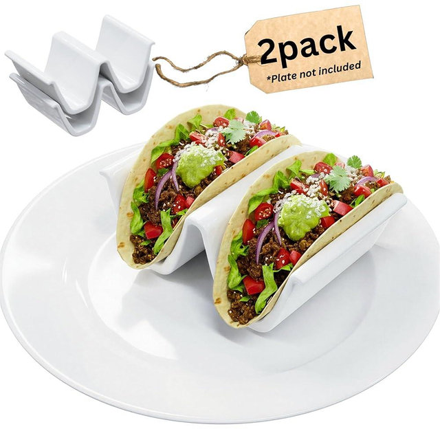 HolaTasty Taco Holder Ceramic, Dual Taco Stand for Plates - Large Taco Rack 2-Slot for Standard Soft Tacos, Party Taco Server Regular Taco Holder, Taco Heater for Microwave Oven - Set of 2, White