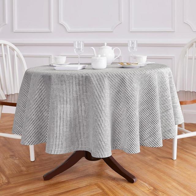 Solino Home Linen Round Tablecloth 60 Inch – Black and White, 100% Pure Linen Narrow Stripe Tablecloth – Machine Washable Tablecover for Indoor, Outdoor – Handcrafted from European Flax