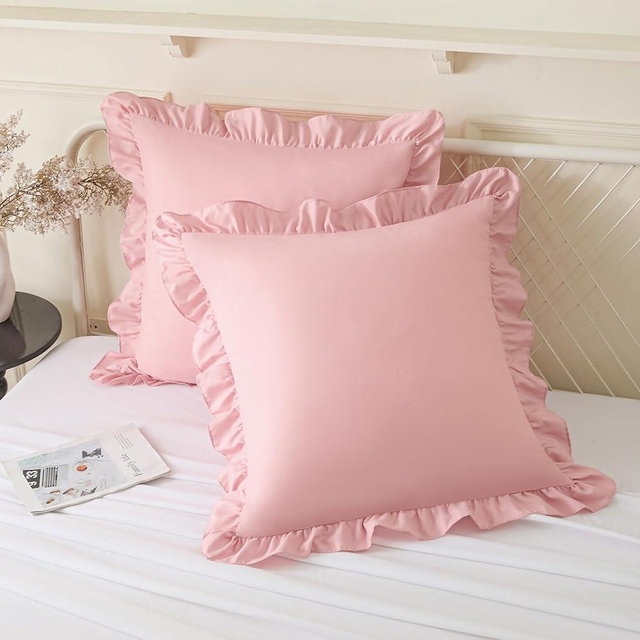 KKJIAF Ruffle Pillow Cases 20x20 Inches, Light Pink Square Ruffled Pillow Covers Set of 2, Microfiber Wrinkle Resistant Pillow Shams with Envelope Closure for Sofa Bed Living Room