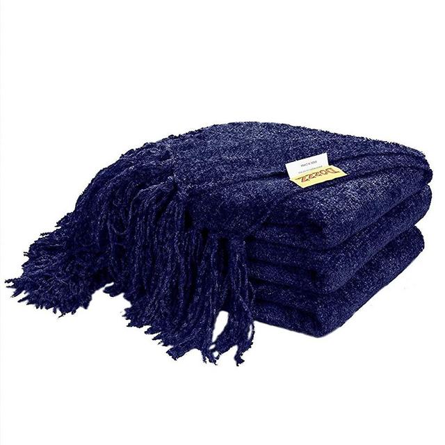 DOZZZ Fluffy Chenille Knitted Throw Blanket with Decorative Fringe for Cover Home Décor Bed Sofa Couch Chair Navy Blue