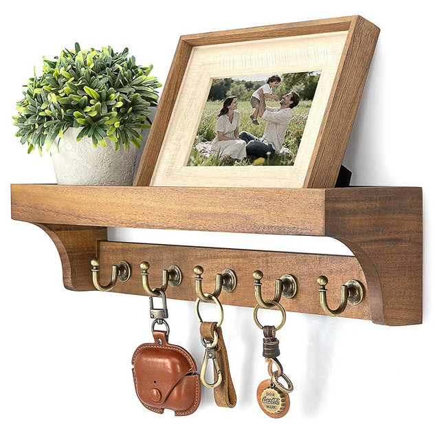 Rebee Vision Acacia Wood Farmhouse Key Holder Wall Mount for Room Decor – Retro Key Holder for Wall with Shelf for Cute Things– Stylish Home Storage for Apartment Essentials (Acacia Wood)