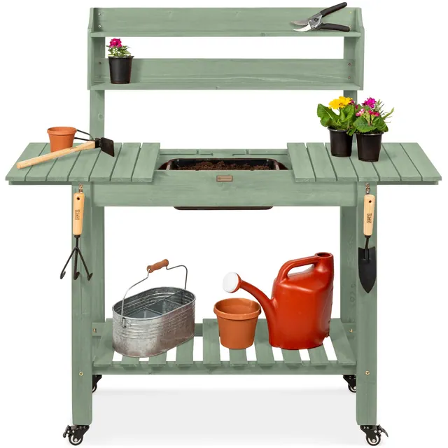Best Choice Products Wood Garden Potting Bench Workstation, Sliding Tabletop, 4 Locking Wheels, Dry Sink - Sage Green