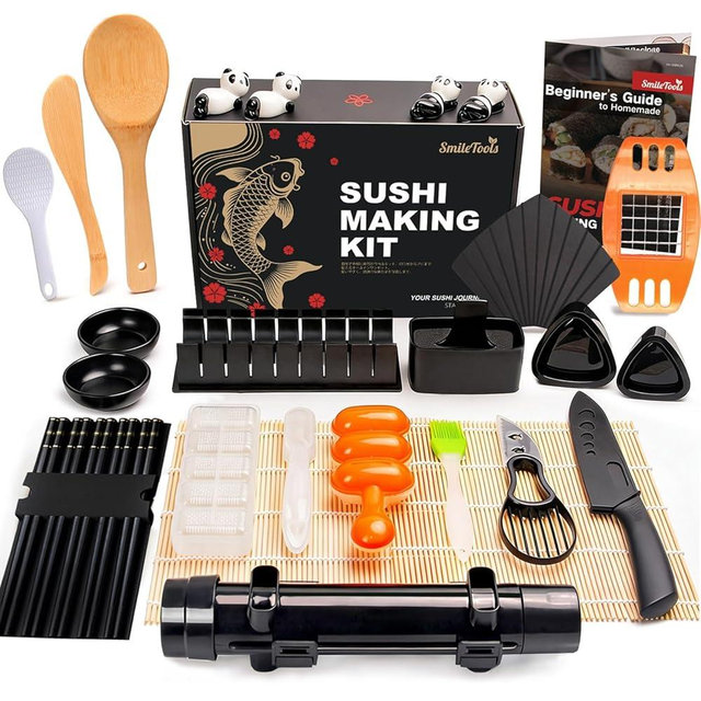 SmileTools Sushi Making Kit, 30 in 1 Sushi Kit with Sushi Roller, Sushi Maker Bazooka, Triangle Onigiri Mold, Musubi Press Mold, Rice Ball Mold & More