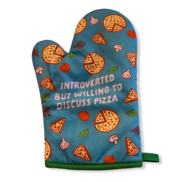 Introverted But Willing to Discuss Pizza Funny Baking Cooking Graphic Kitchen Accessories - Crazy Dog Bakeware For Foodies Blue Oven Mitt