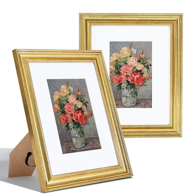 Vittanly 8x10 Picture Frames Set of 2, Display 5x7 Pictures with Mat or 8x10 without Mat, Rustic Picture Frames for Wall Mount or Tabletop Display, Photo Frame Collage for Wall Decor, Gold