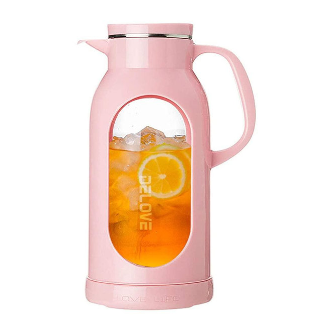 Delove 68 Ounces Glass Pitcher with Shatterproof Shell - All-glass Liner -18/8 Stainless Steel Lid - Great for Ice Tea,Hot/Cold Water and Juice Beverage (Pink)
