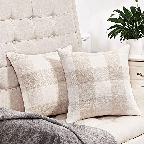 Anickal Set of 2 Beige and White Buffalo Check Plaid Throw Pillow Covers Farmhouse Decorative Square Pillow Covers 18x18 Inches for Farmhouse Home Decor