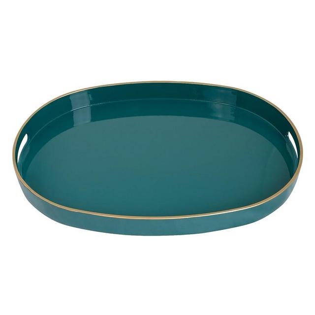 MAONAME Green Decorative Tray, Oval Serving Tray with Handles, Plastic Tray for Coffee Table, Ottoman Tray for Living Room, Bathroom, 15.6" X 10.6" X 1.4"