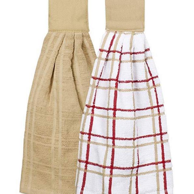 Ritz Kitchen Wears 100% Cotton Checked & Solid Hanging Tie Towels, 2 Pack, Biscotti, 2 Piece