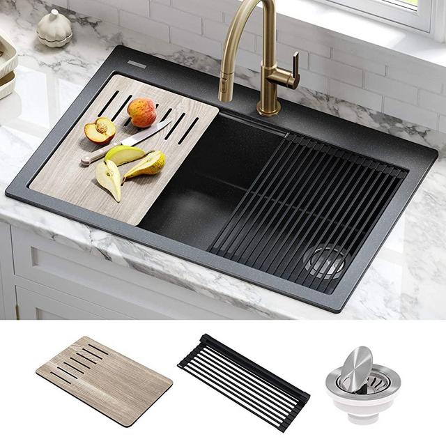 Kraus KGTW2-33MBL Bellucci Granite Composite Single Bowl Drop-In Kitchen Sink with Accessories, 33 Inch, Metallic Black